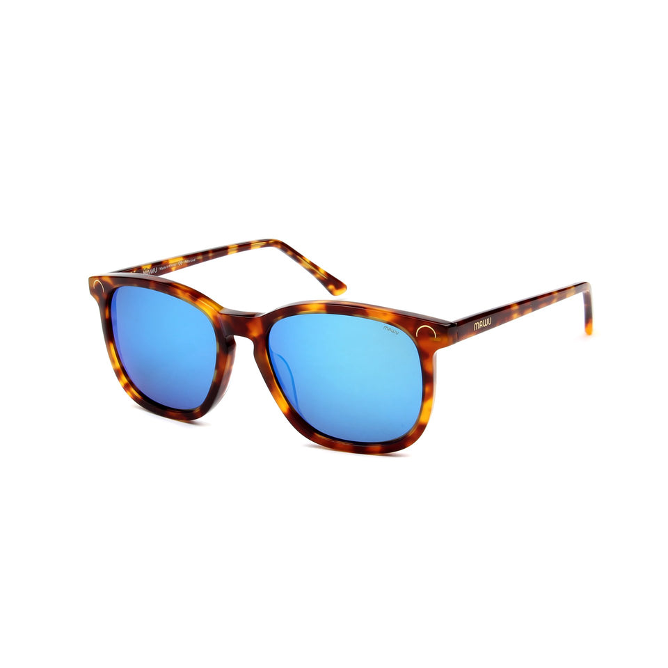 Hendaye Tortoise - Angle View - Blue Mirror lens - Mawu Sunglasses
